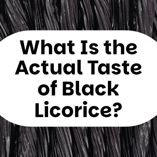 Black licorice twists with a large white rounded rectangle overlay containing the text, 'What Is the Actual Taste of Black Licorice?' in bold black lettering.