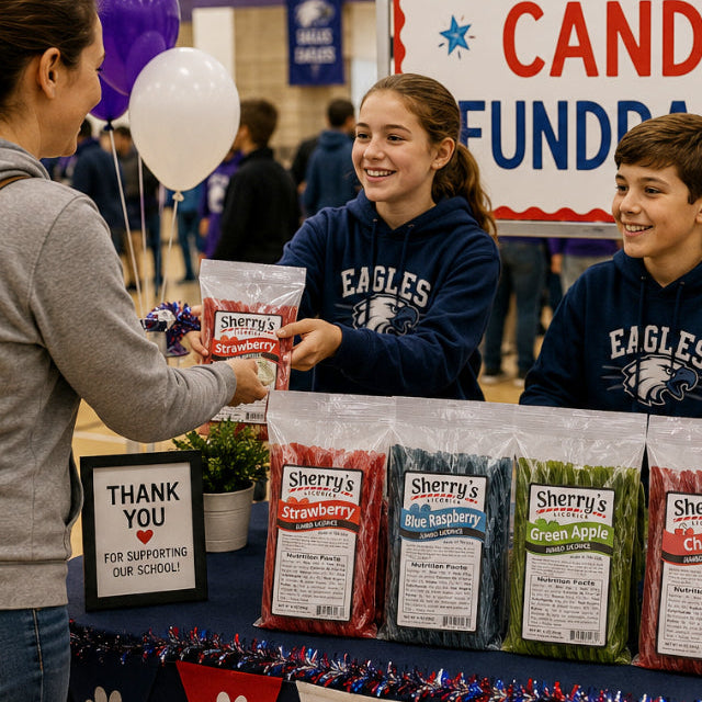 Candy Fundraiser at a local school. 2 Kids in the picture selling a bag of licorice to an adult.