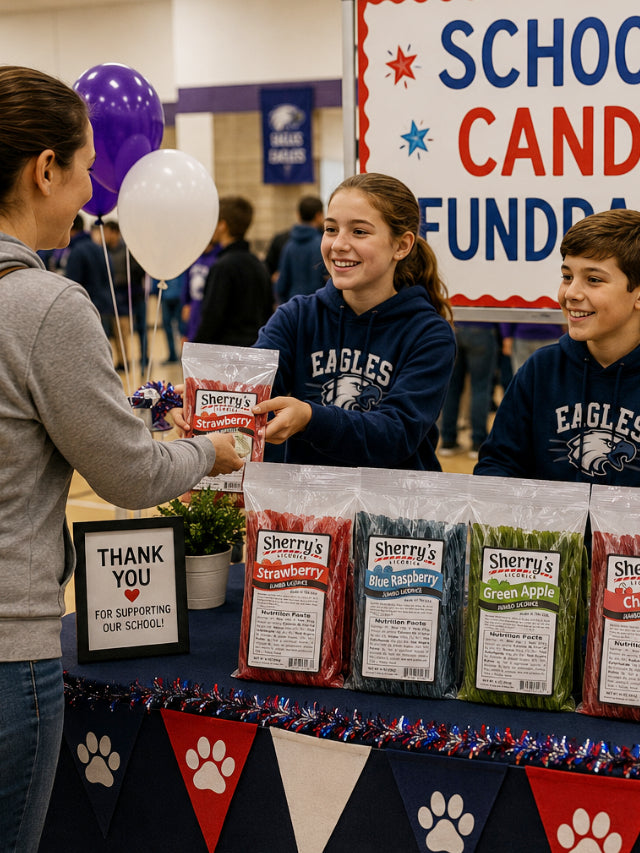 Candy Fundraiser at a local school. 2 Kids in the picture selling a bag of licorice to an adult.
