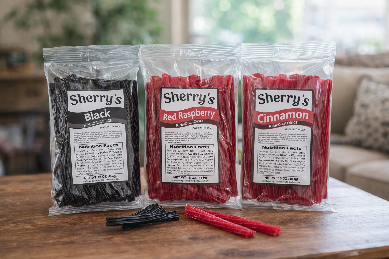 Three packages of Sherry's Licorice on a wooden table with visible labels.