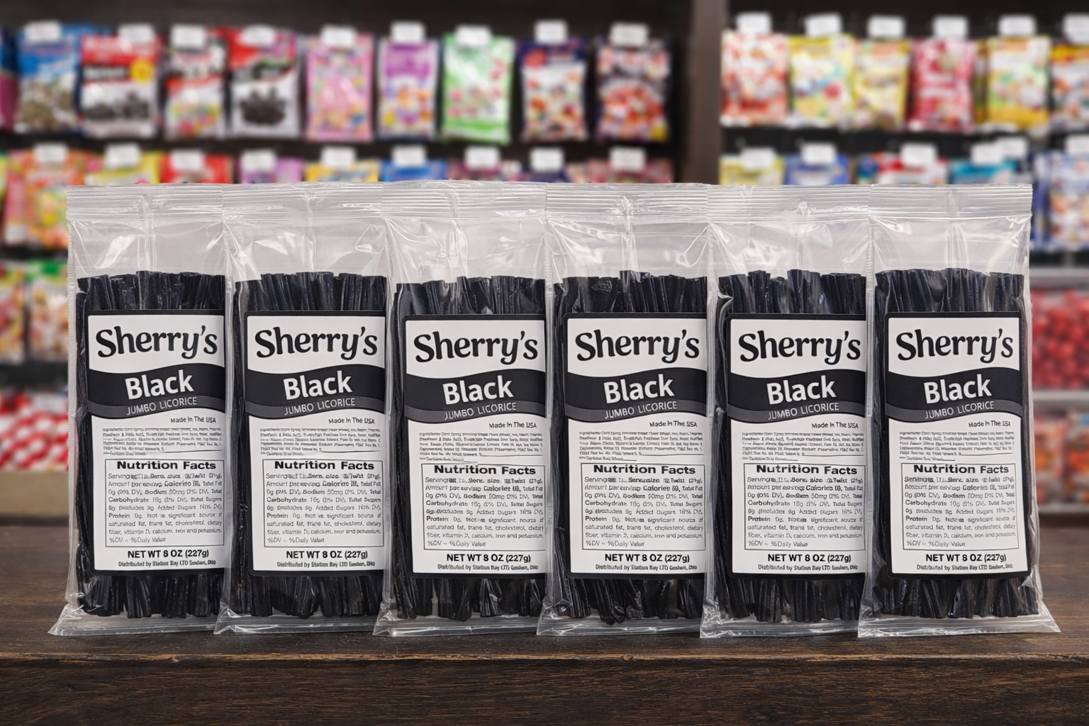 Pack of Sherry's Licorice Black Licorice products on a shelf with a blurred store background