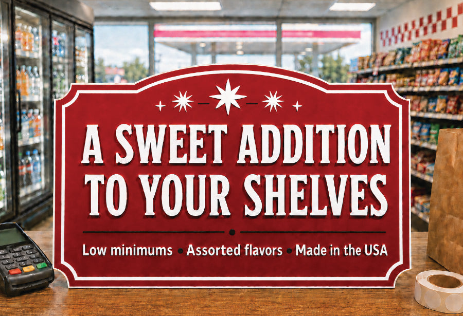 A red and white novelty store sign reading 'A SWEET ADDITION TO YOUR SHELVES'.