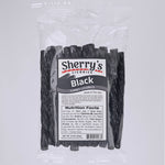 Packaged black licorice with Sherry's Licorice label on a gray background
