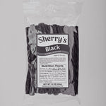 Packaged product labeled 'Sherry's Licorice Black Licorice' on a gray background