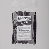 Packaged product labeled 'Sherry's Licorice Black Licorice' on a gray background
