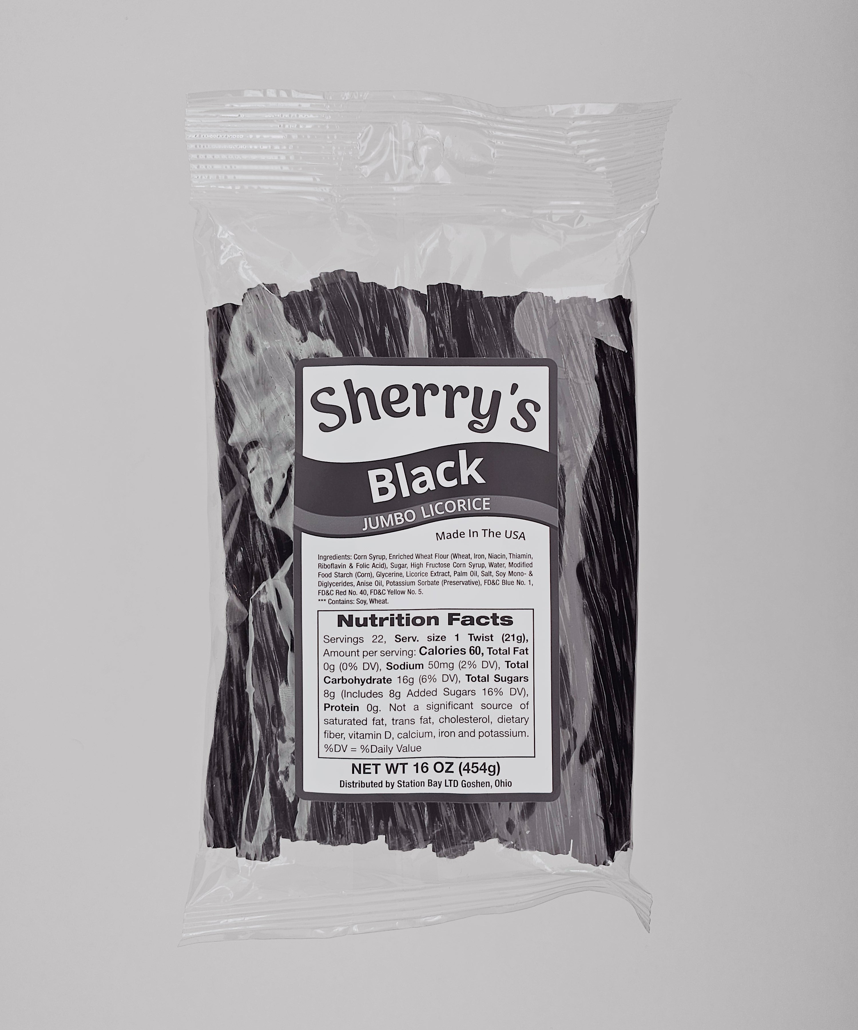 Packaged product labeled 'Sherry's Licorice Black Licorice' on a gray background
