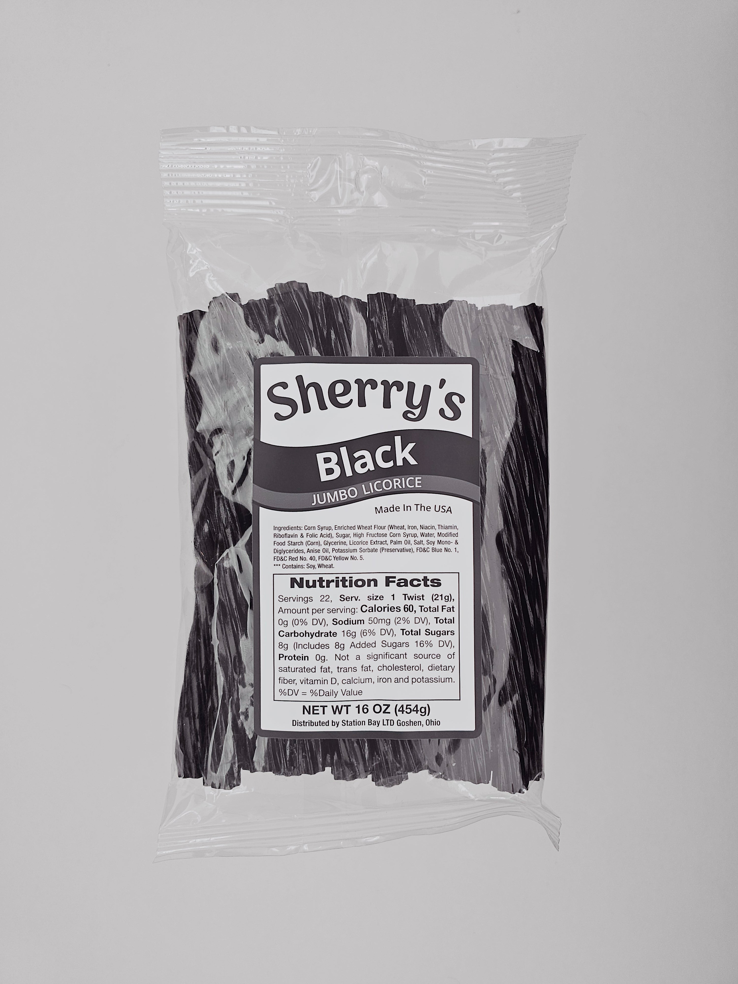 Packaged product labeled 'Sherry's Licorice Black Licorice' on a gray background