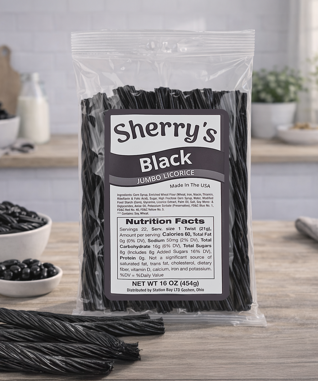 Packaged black licorice sticks with Sherry's Licorice Black label on a wooden surface.