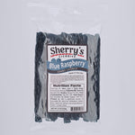 Packaged blue licorice with Sherry's Licorice label on a white background