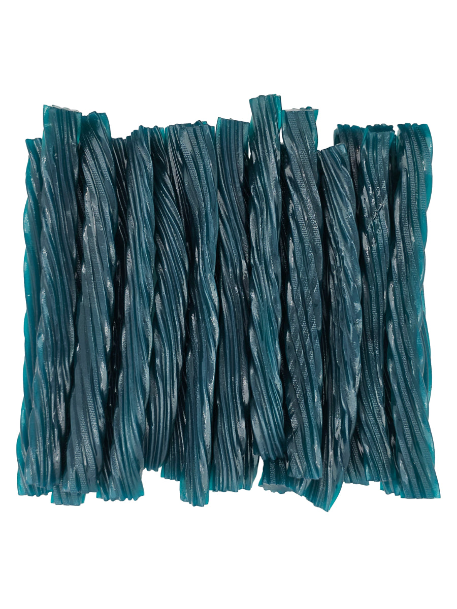 Blue raspberry licorice twists neatly arranged together.