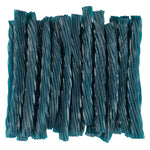 Blue raspberry licorice twists neatly arranged together.