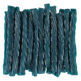 Blue raspberry licorice twists neatly arranged together.