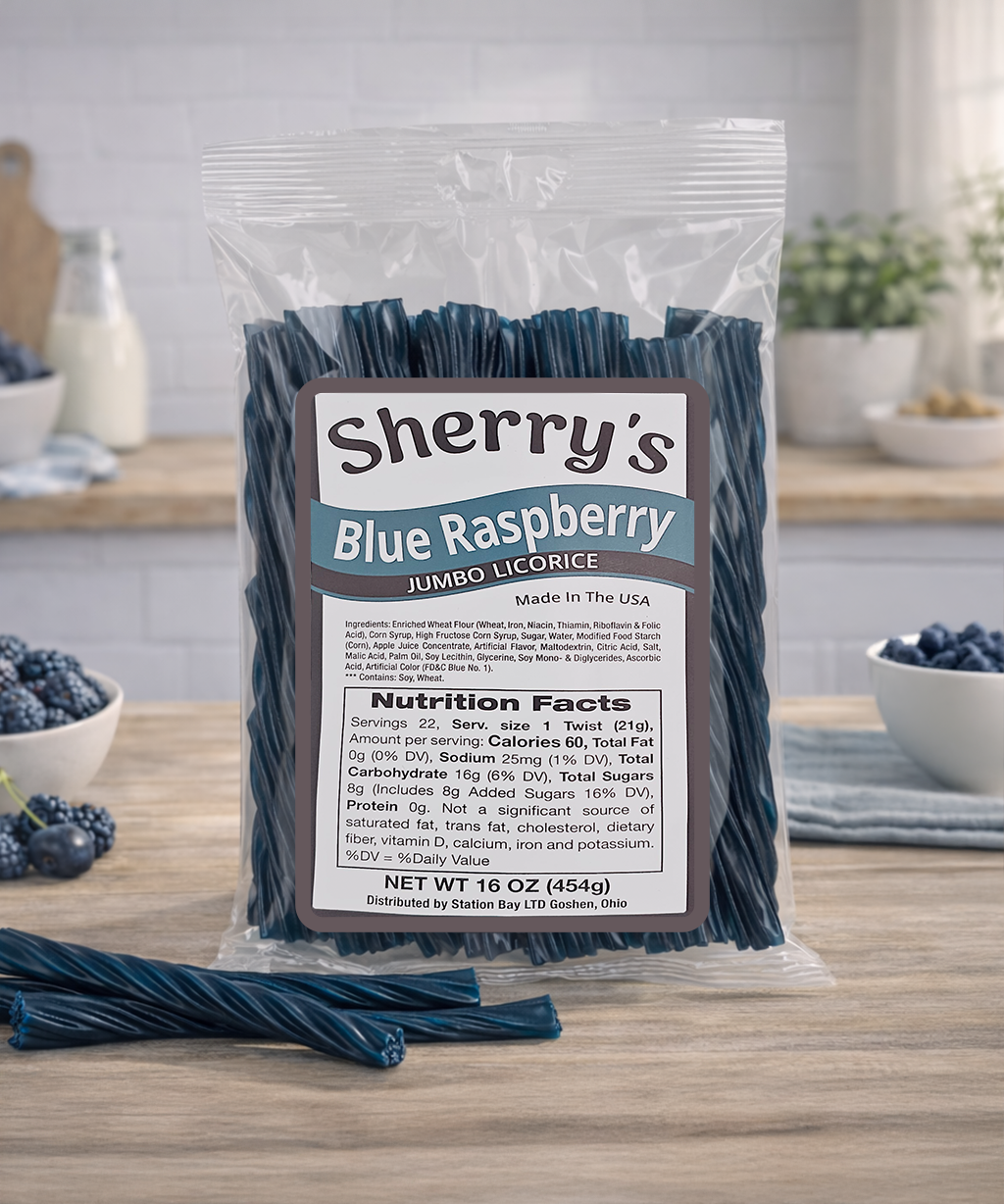 Packaged blue raspberry licorice with Sherry's Licorice branding on counter.