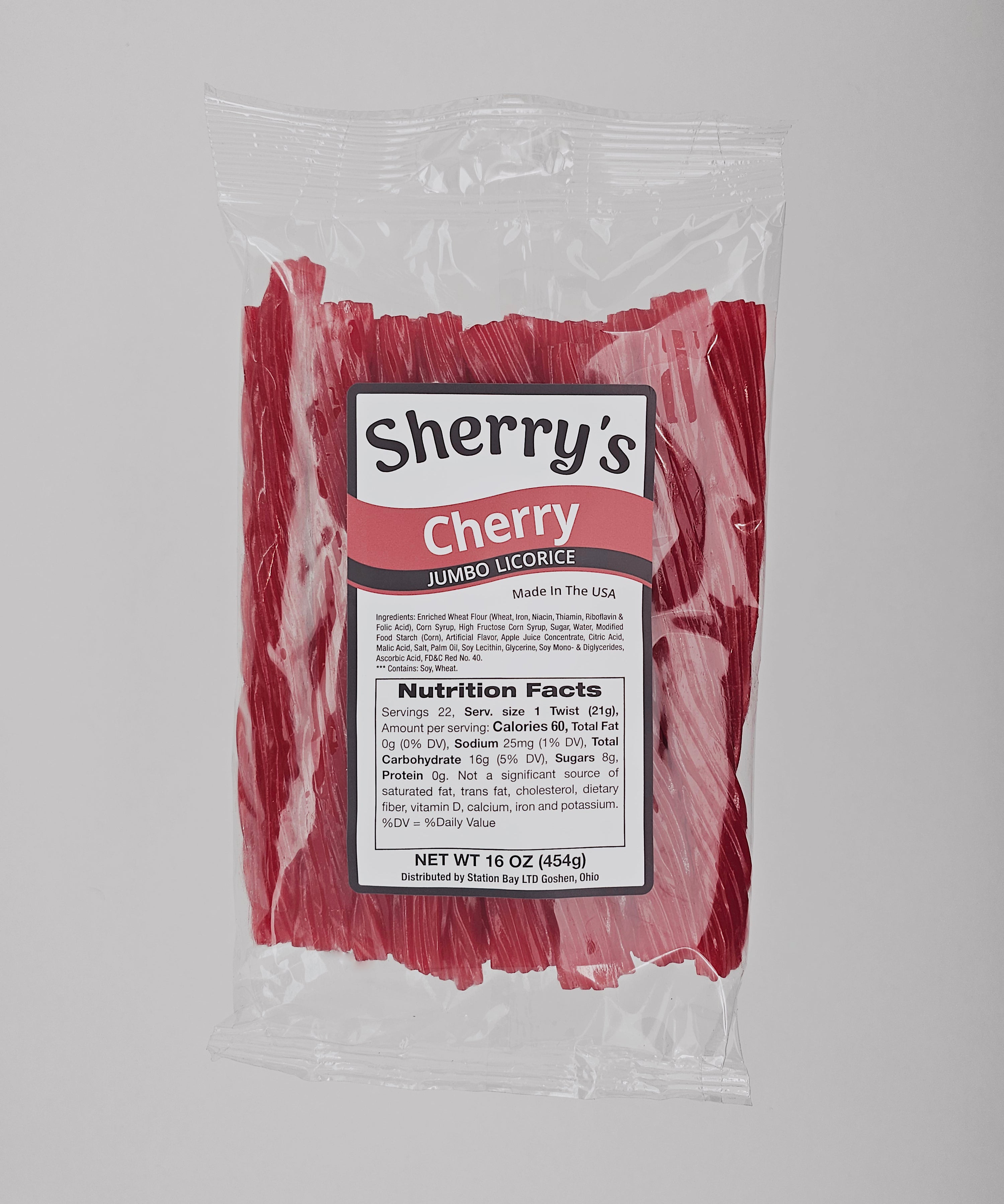 Packaged cherry jumbo licorice with Sherry's Licorice branding on a gray background