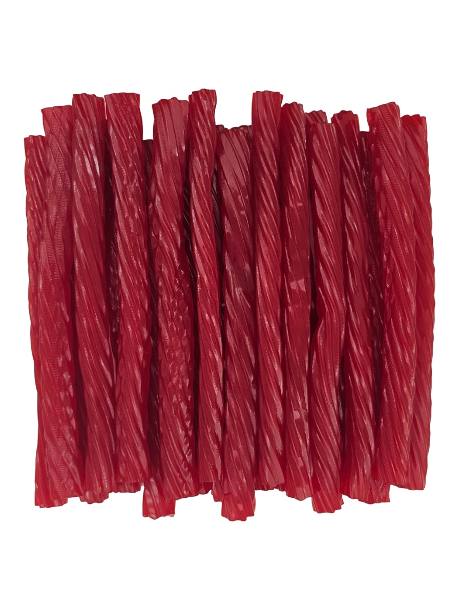 Cherry licorice twists neatly arranged together.