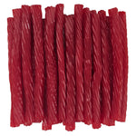 Cherry licorice twists neatly arranged together.