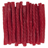 Cherry licorice twists neatly arranged together.