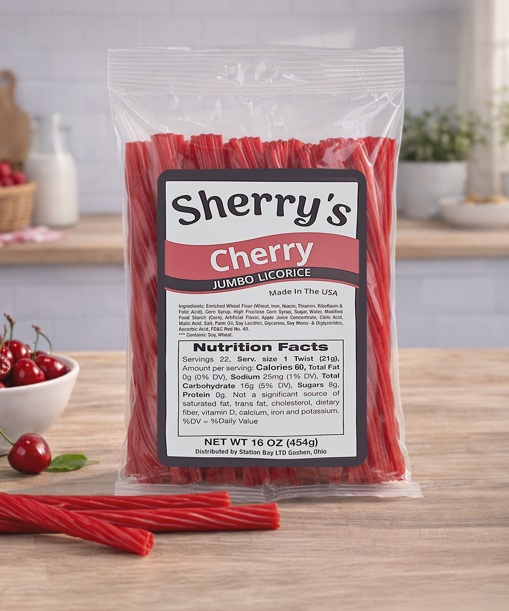 Pack of Sherry's Licorice Cherry Jumbo Licorice on a wooden table