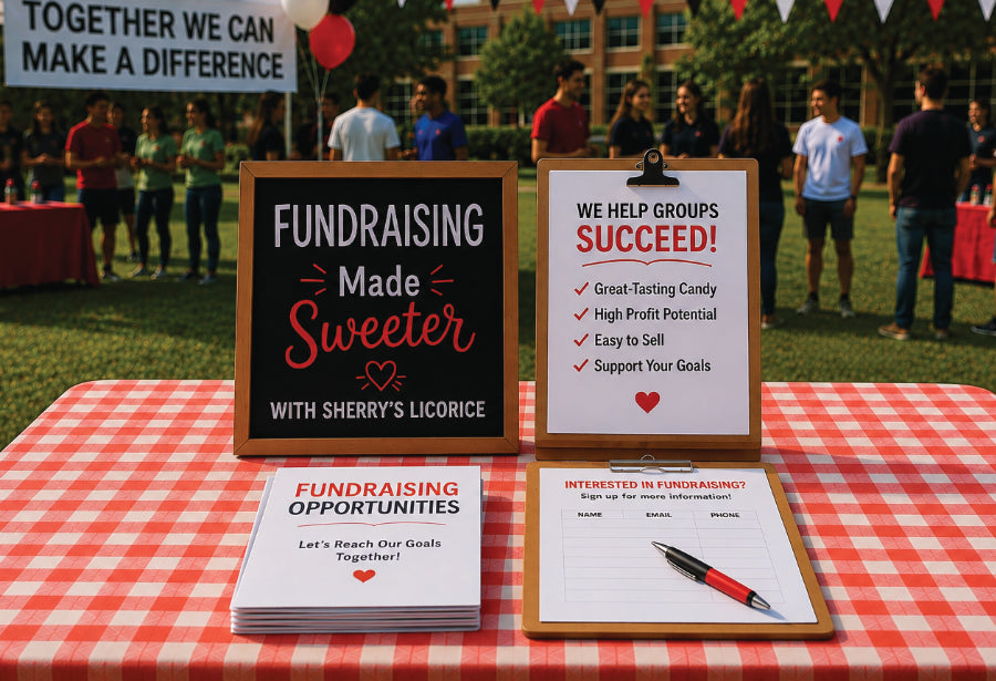 A fundraising table at an outdoor event with a red-and-white checkered tablecloth, a black sign reading 'Fundraising Made Sweeter With Sherry's Licorice,' a white sign about helping groups succeed, printed brochures, and a pen. People and a grassy background are visible.