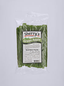 Packaged green licorice with Sherry's Licorice label on a white background