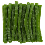 Green apple licorice twists neatly arranged together.