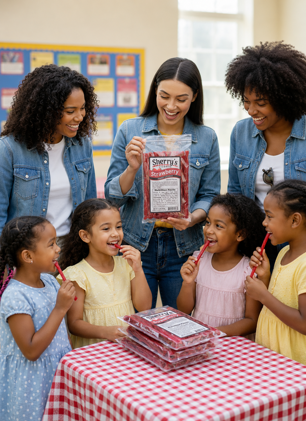 A group of children and three adult women gather around a table in a classroom setting, smiling and eating strawberry licorice.