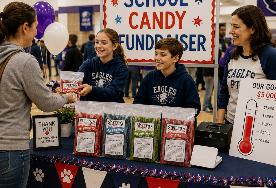 A school fundraiser candy booth with three people interacting behind a table displaying bags of Sherrys Licorice.