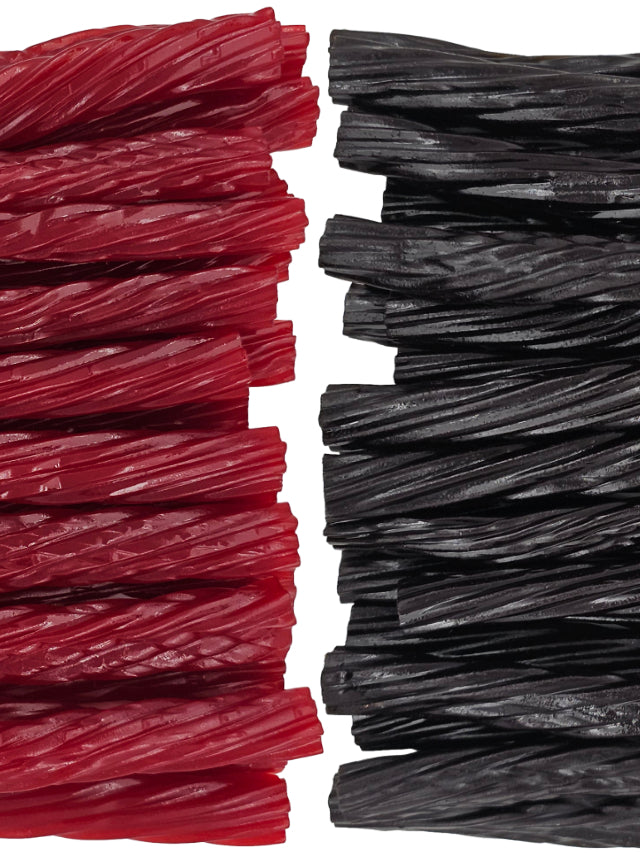 Twisted string candy sticks shown in two equal vertical stacks, one red on the left and one black on the right, against a plain white background.