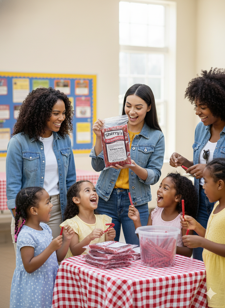 Group of women and children around a a table with Sherry's Licorice, likely in an educational setting.