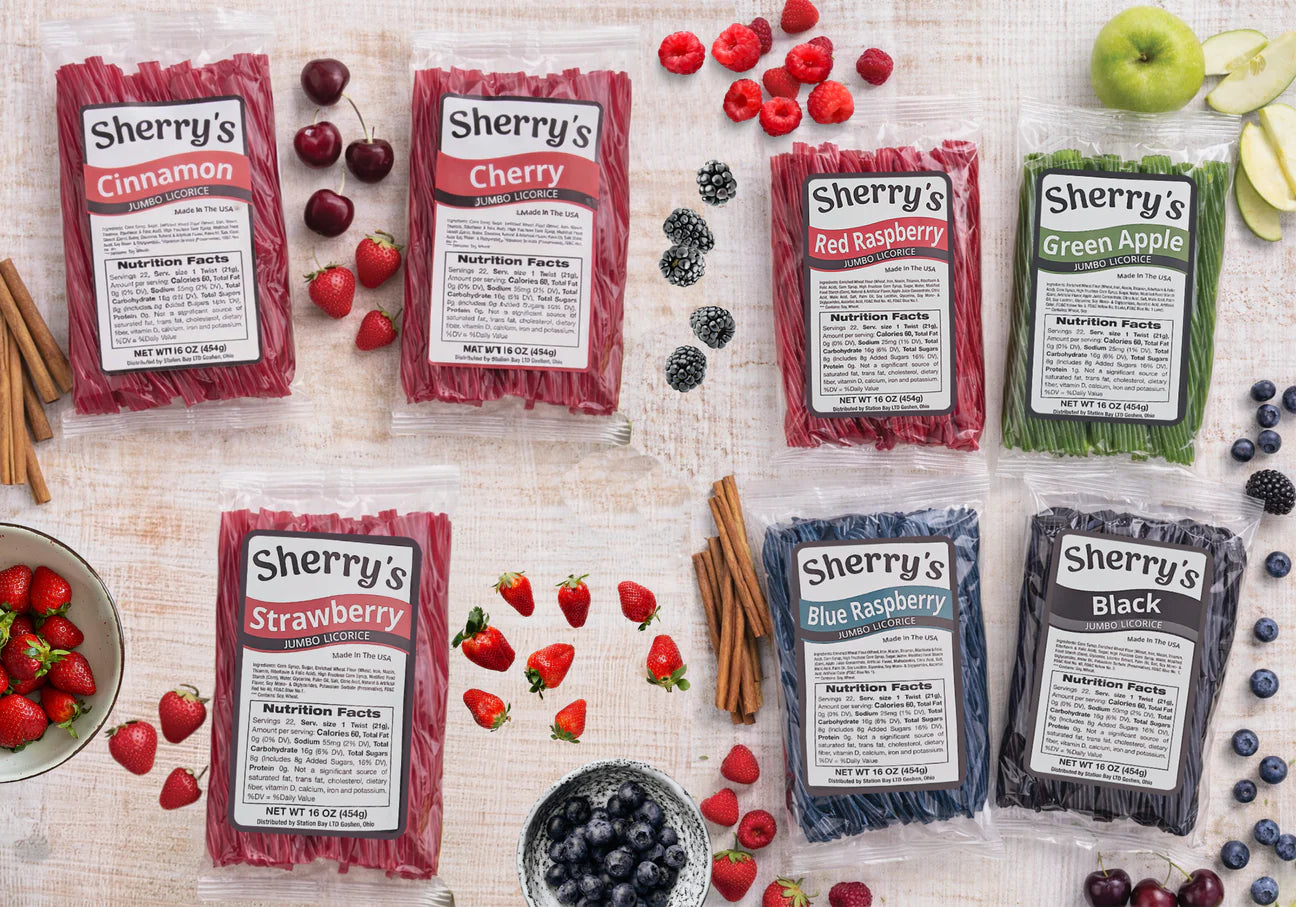 Assorted packages of Sherry's Licorice flavors displayed on a light background