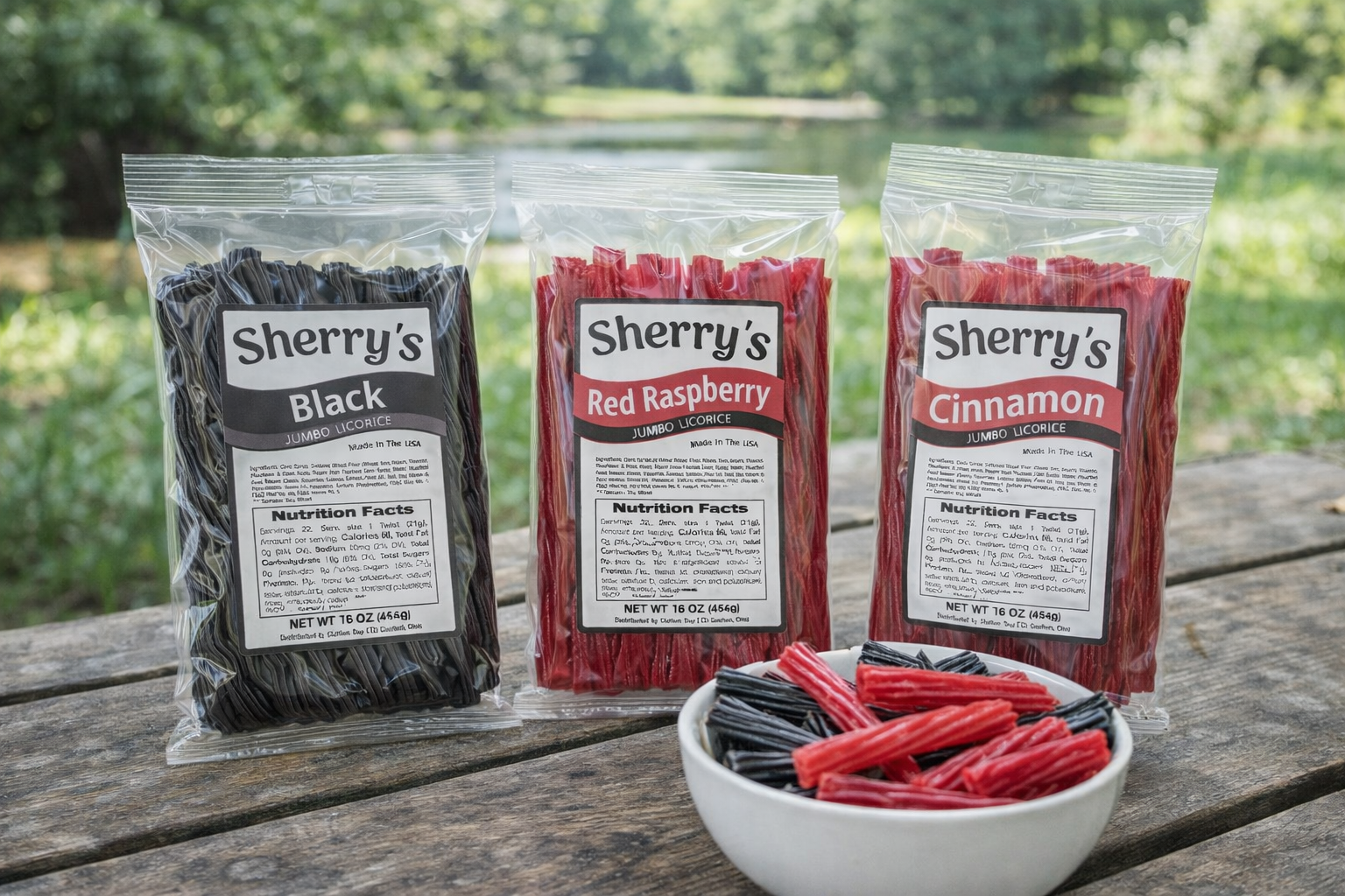 Three packages of Sherry's Licorice on a wooden surface with a natural background.