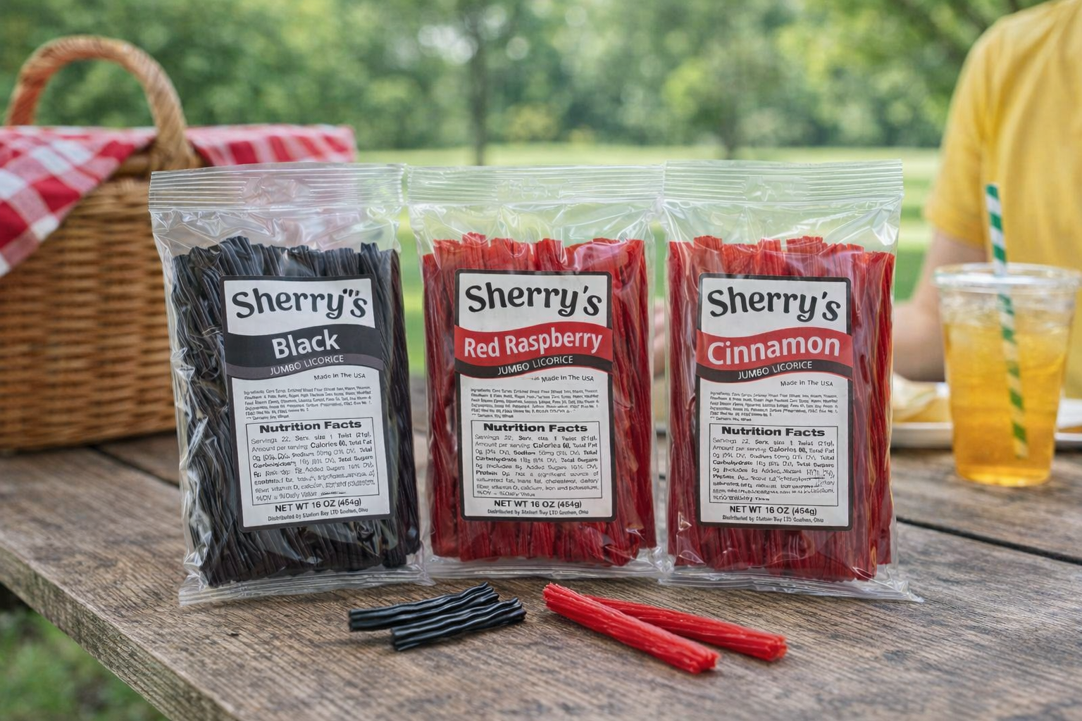 Three packages of Sherry's Licorice on a wooden table with a picnic setting in the background.