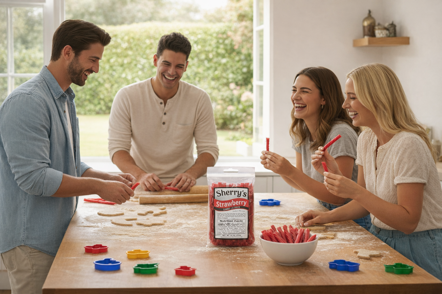 Group of people making cookies in a kitchen while eating Sherrys Licorice Strawberry candy on the counter.