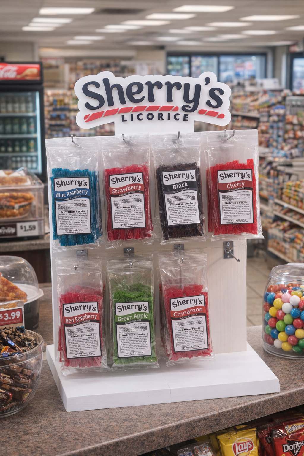 Display of Sherry's Licorice packages in a store setting