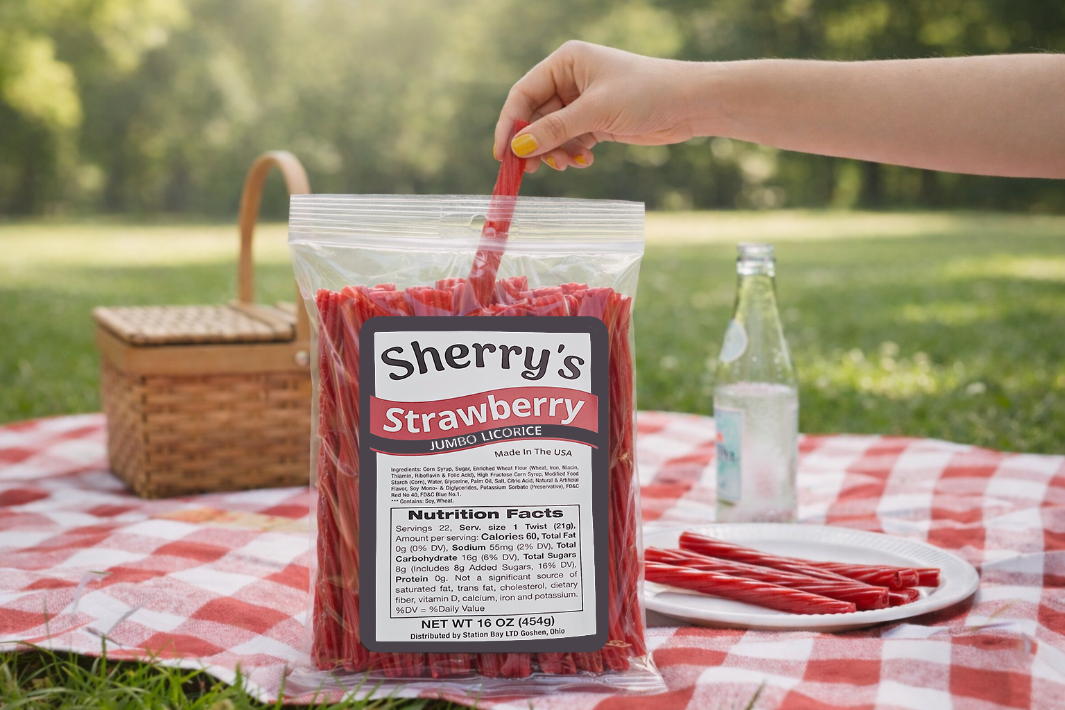 Hand reaching into a bag of Sherry's Licorice Strawberry Licorice on a picnic blanket with a bottle and plate in the background.