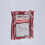 Packaged strawberry licorice with Sherry's Licorice label on a white background