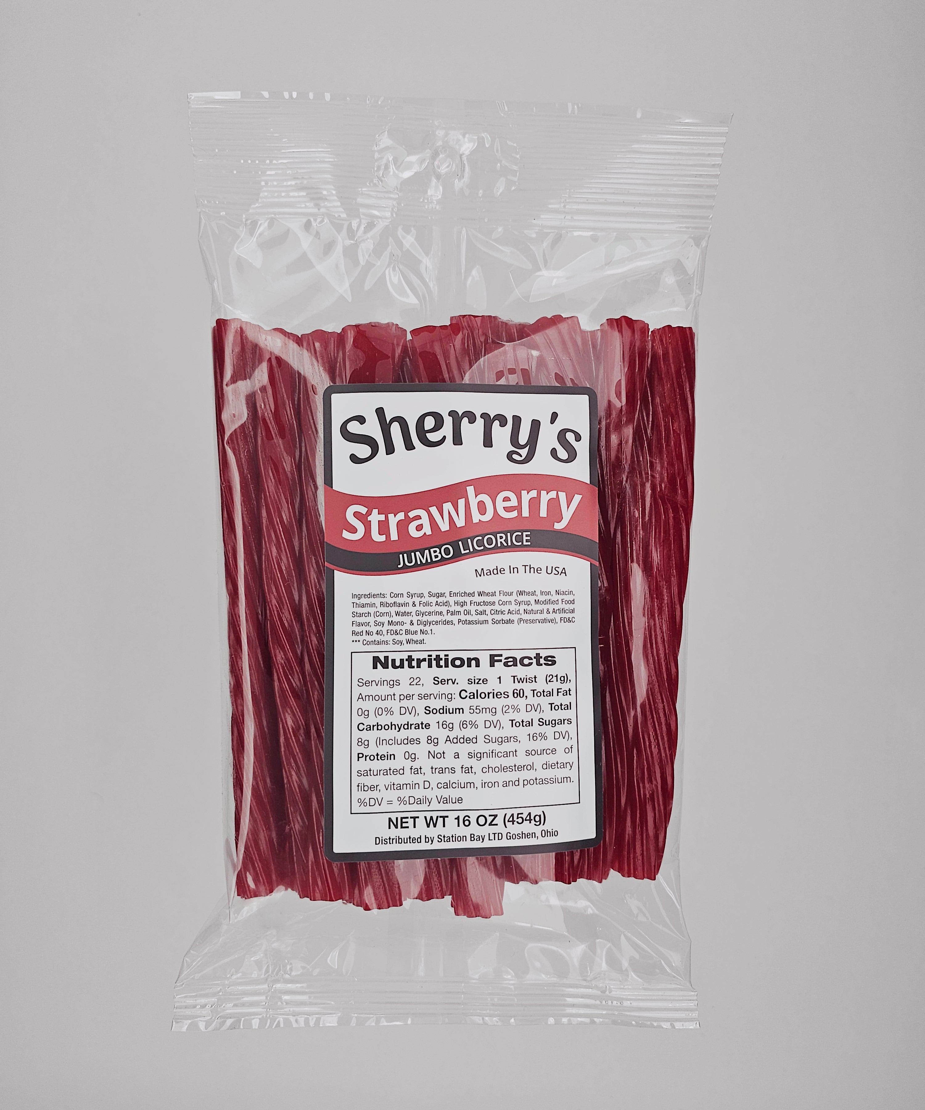Packaged strawberry licorice with Sherry's Licorice on a gray background