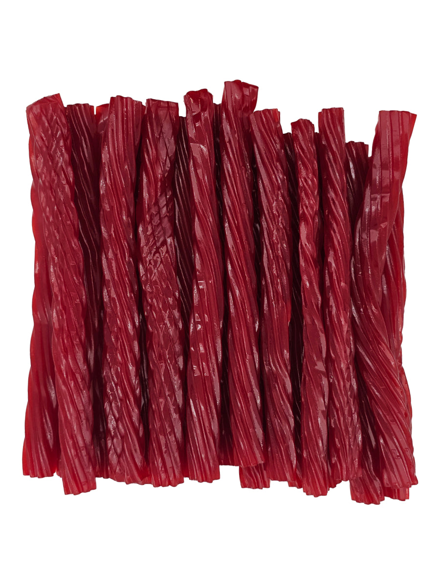 Strawberry licorice twists neatly arranged together.