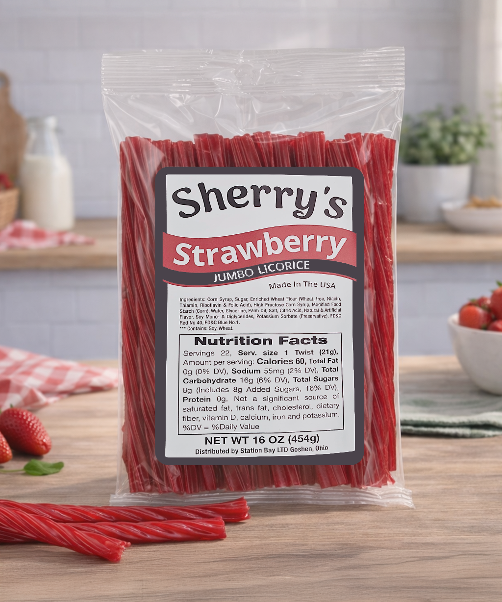 Packaged strawberry licorice with Sherry's Licorice branding on a counter.