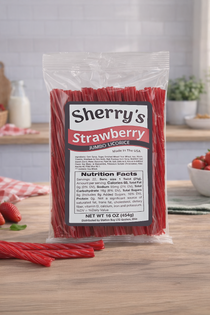 Packaged strawberry licorice with Sherry's Licorice branding on a counter.
